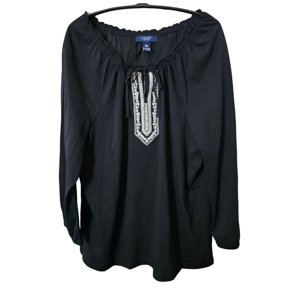 Chaps Large Black Embroidered Cotton Long Sleeve Peasant Top NWT